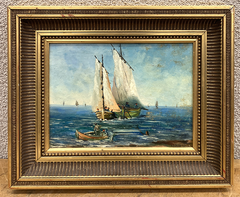 XX. HUILE SUR PANEAU DE BOIS, MARINE DE SCENE DE PECHE SIGNEE EN BAS A DROITE, ENCADREE DANS UN CADRE EN BOIS DORE. DIMENSIONS A VUE : 25 X 33 CM. DIMENSIONS DU CADRE : 43 X 51 CM.