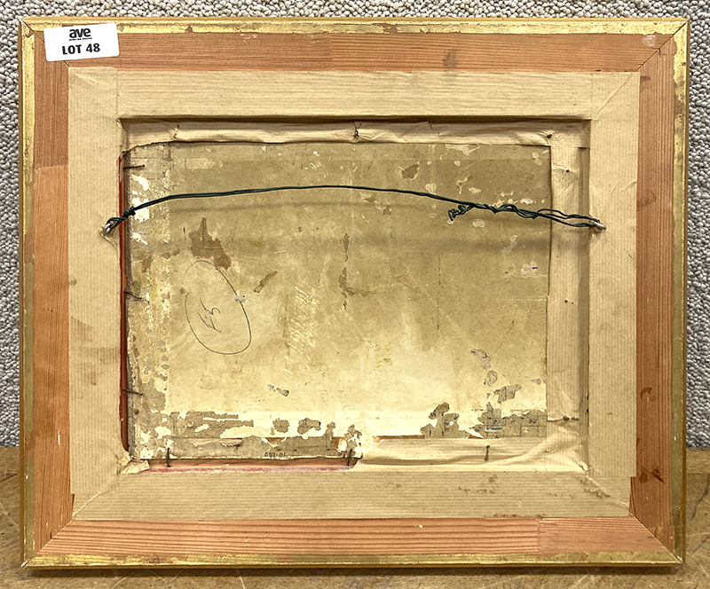 MARINE DE SCENE DE PECHE PAR BEAUX TEMPS. HUILE SUR PANNEAU DE BOIS, SIGNATURE ILLISIBLE BAS A DROITE. CADRE EN BOIS DORE. DIMENSIONS A VUE : 25 X 33 CM. DIMENSIONS DU CADRE : 43 X 51 CM.