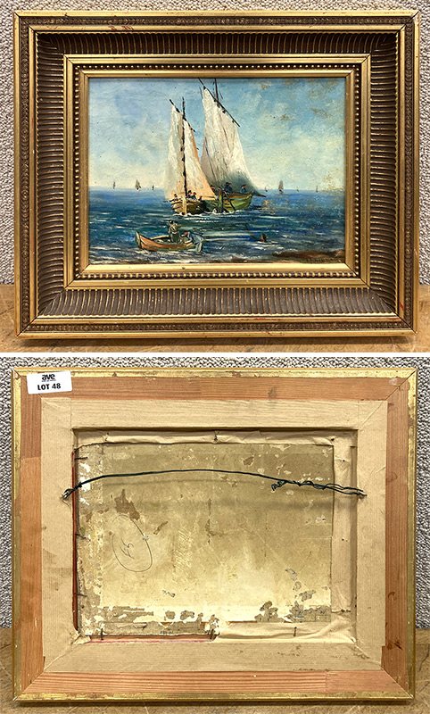 MARINE DE SCENE DE PECHE PAR BEAUX TEMPS. HUILE SUR PANNEAU DE BOIS, SIGNATURE ILLISIBLE BAS A DROITE. CADRE EN BOIS DORE. DIMENSIONS A VUE : 25 X 33 CM. DIMENSIONS DU CADRE : 43 X 51 CM. LOT EXONERE DE TVA.