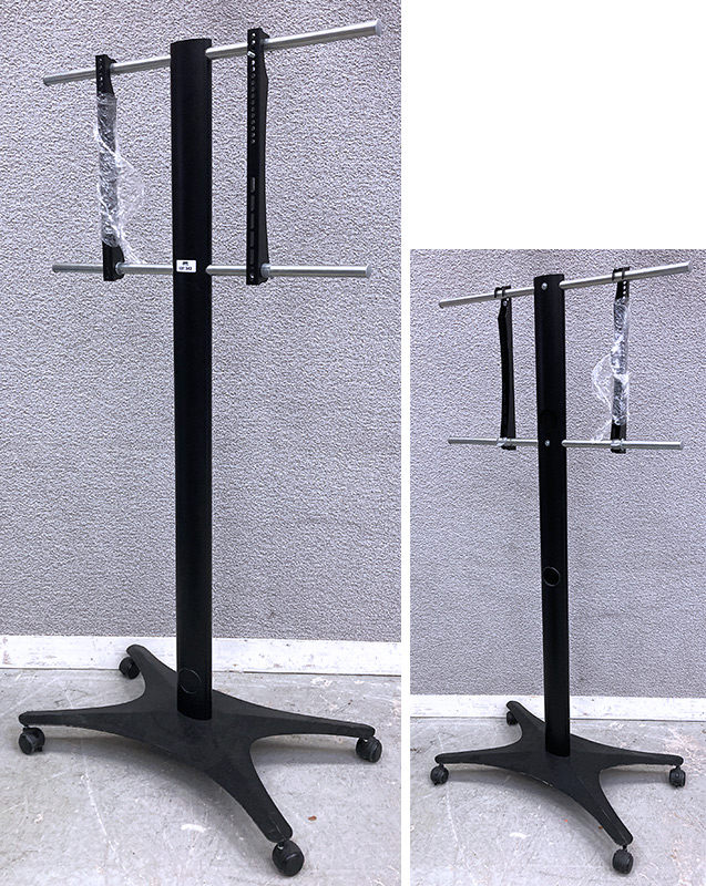 SUPPORT OU PIED D'ECRAN SUR 4 ROULETTES, COLONNE PASSE-CABLES REPOSANT SUR 1 SOCLE LESTE EN ACIER LAQUE NOIR. 172 X 85 X 50 CM. 5 UNITES. VENDU A L'UNITE AVEC FACULTE DE REUNION.