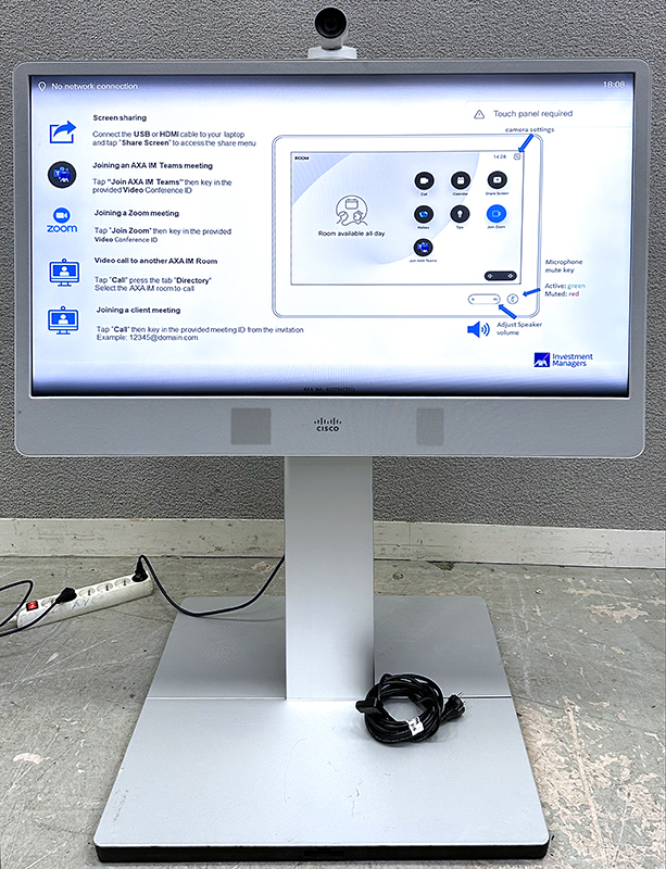 VISIO CONFERENCE DE MARQUE CISCO A ECRAN LED EDGE DE 55 POUCES MODELE MX300 G2 TTC60-19. VENDU AVEC SONT SUPPORT SUR PIED, CAMERA ROBOTISEE ET SON CABLE D'ALIMENTATION. POIDS : 91.2 KG. 150 X 128 X 67 CM.