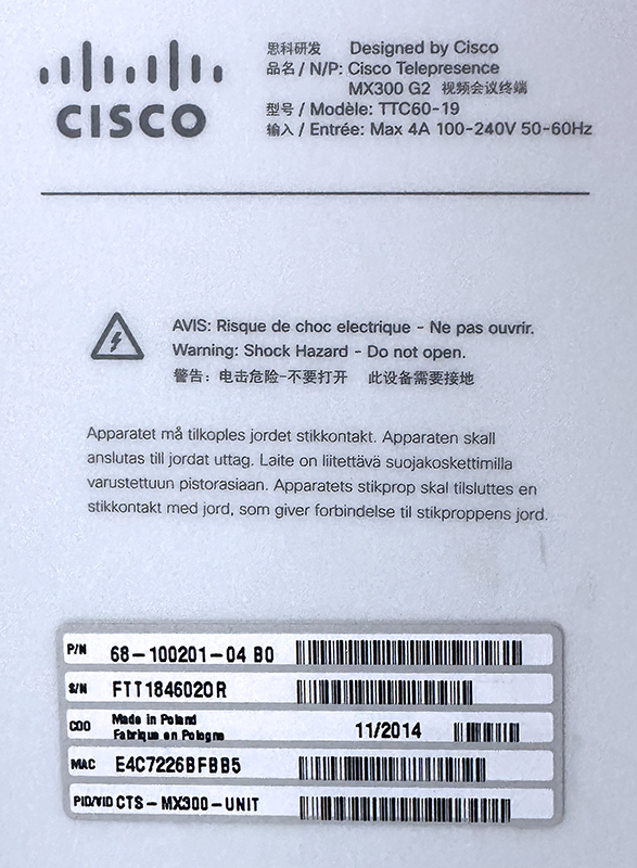 VISIO CONFERENCE DE MARQUE CISCO A ECRAN LED EDGE DE 55 POUCES MODELE MX300 G2 TTC60-19. VENDU AVEC SONT SUPPORT SUR PIED, CAMERA ROBOTISEE ET SON CABLE D'ALIMENTATION. POIDS : 91.2 KG. 150 X 128 X 67 CM.